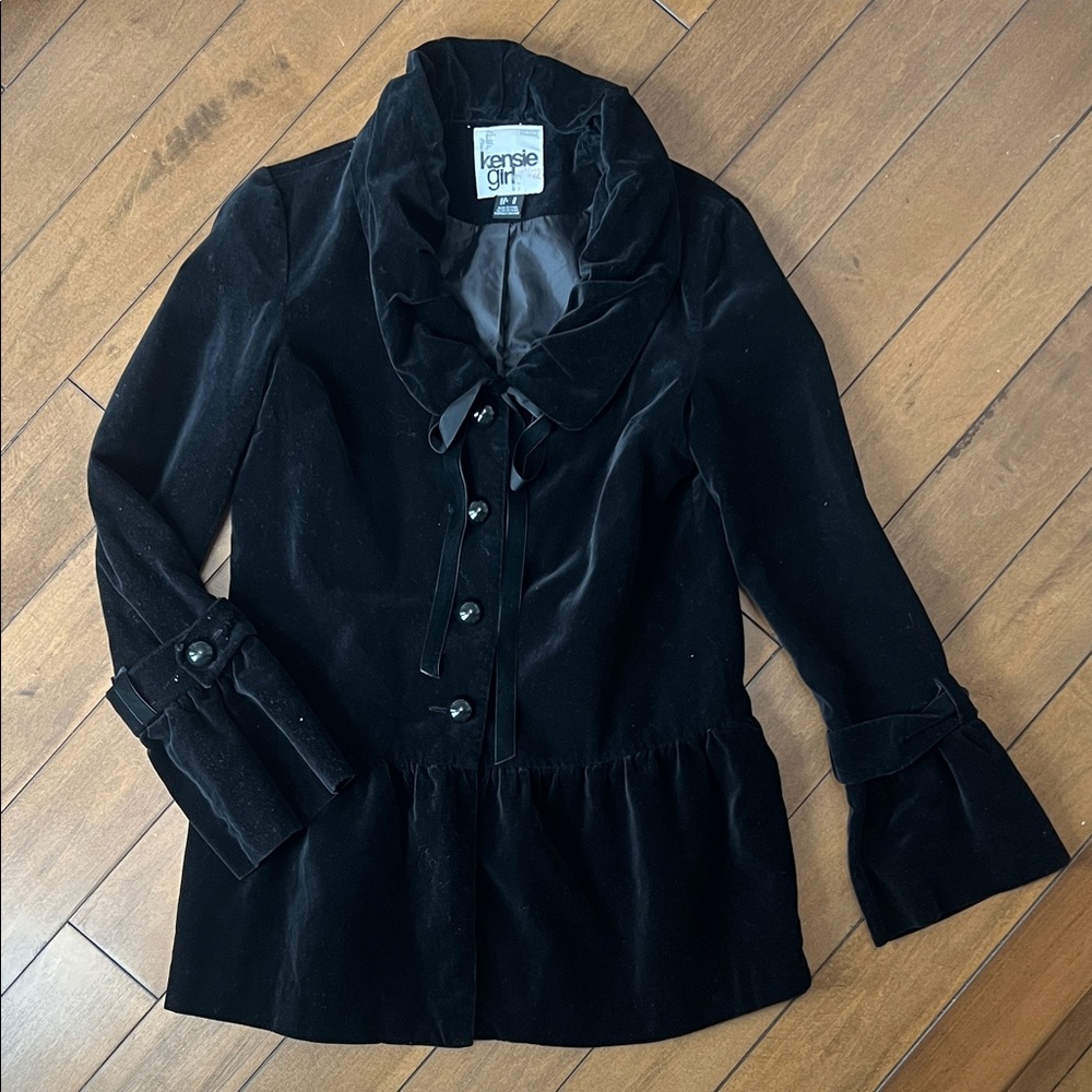 Kensie Girl Black Velvet Blazer with Ruffled Collar